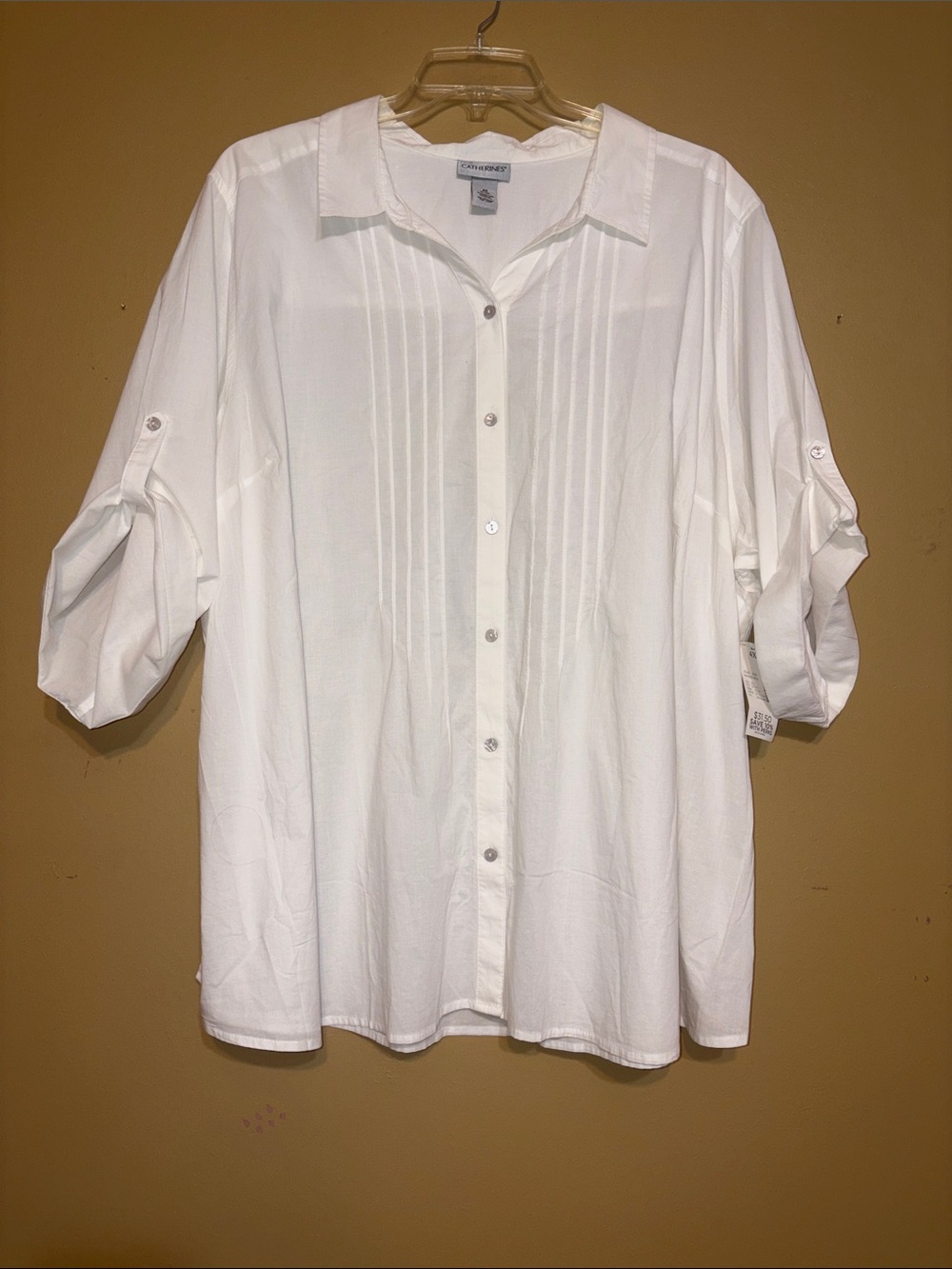 NWT Catherine's 4X White Cotton Women's 3/4 Button Sleeve Dress Shirt 30/32W